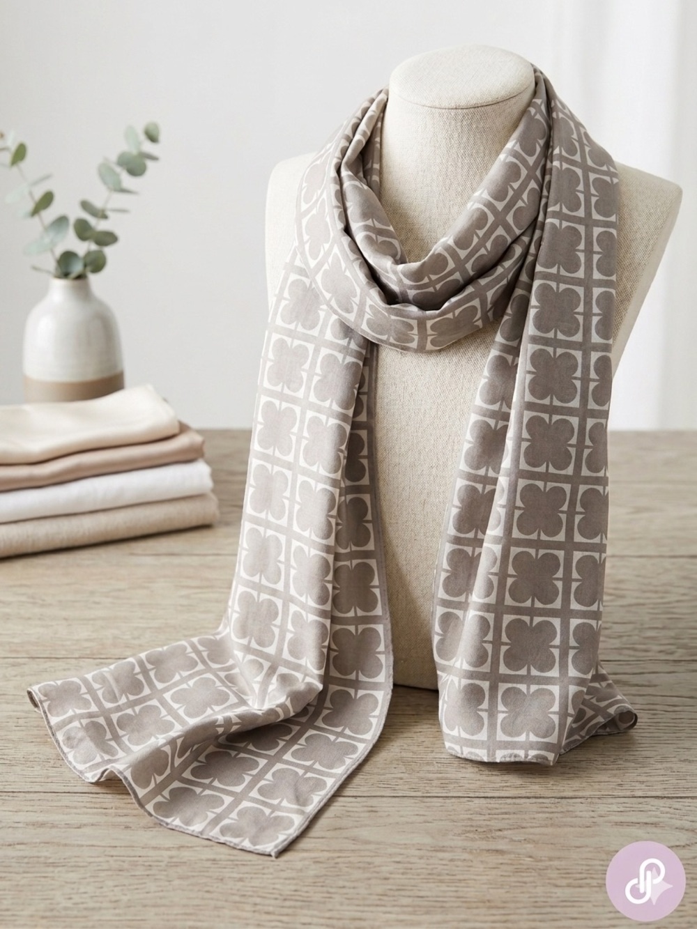 Liz Claiborne Vintage Taupe White Clover Geometric Scarf